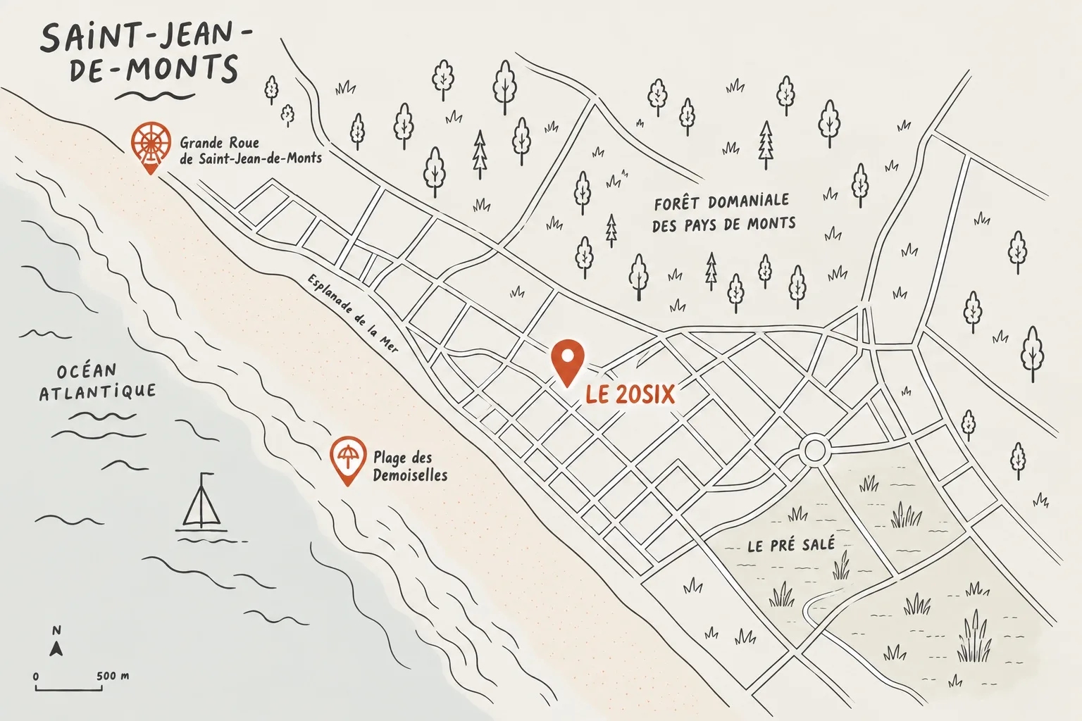 Carte dessinée de Saint-Jean-de-Monts situant le 20 Six